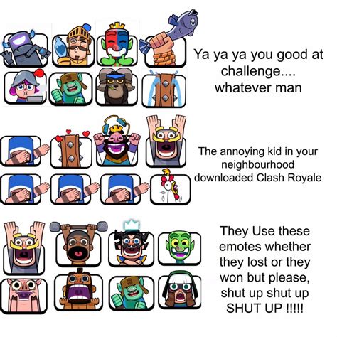 You can access the <b>list </b>of all emotes on the game wiki. . Clash royale emote list